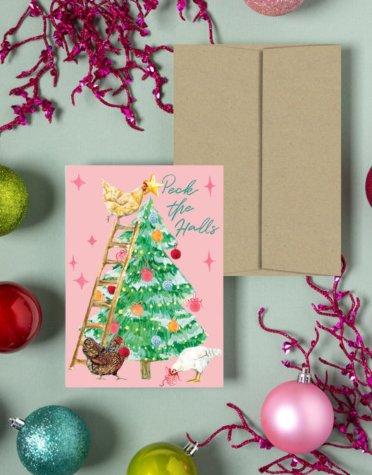 "Peck the Halls" Whimsical Chicken Holiday Card 5 Pack