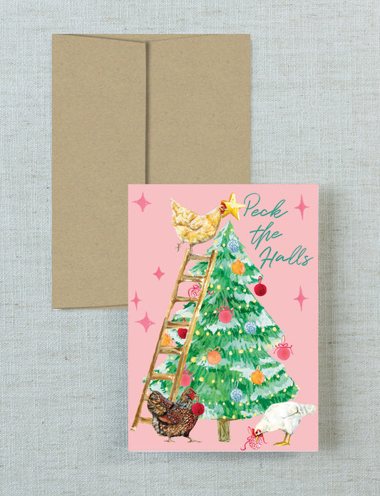 "Peck the Halls" Whimsical Chicken Holiday Card 5 Pack